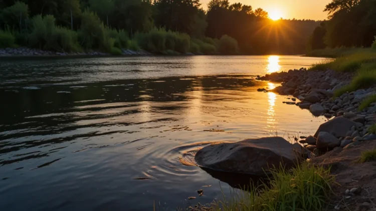 Connection between living and non-living nature: a river at sunset