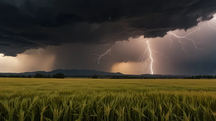 Golden wheat field with mountains and lightning in background