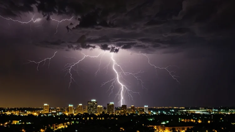 Lightning creating thunder over city skyline at night