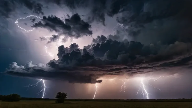 Dark storm clouds with dramatic lightning strikes