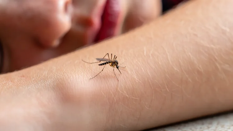 Mosquito on a sleeping person's forearm close-up