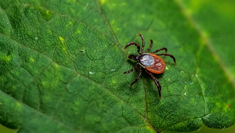 Tick on a tree leaf in natural habitat