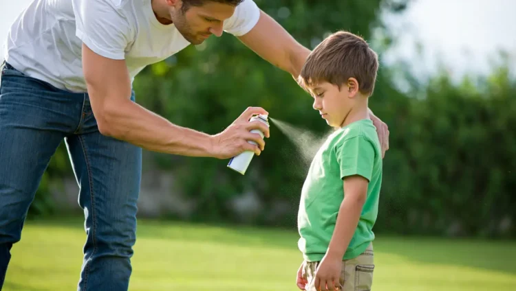 Person applying anti-tick spray for outdoor protection