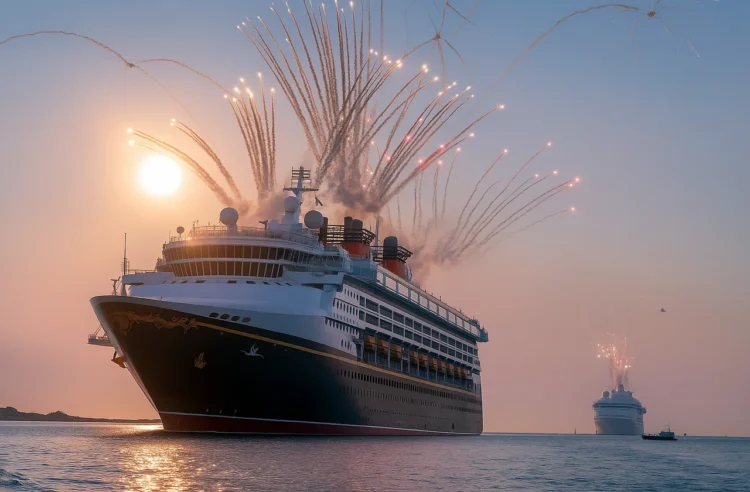 luxury cruise ship sailing at sunset tropical paradise vacation travel lifestyle