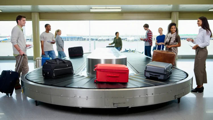 suitcases on airport baggage claim carousel