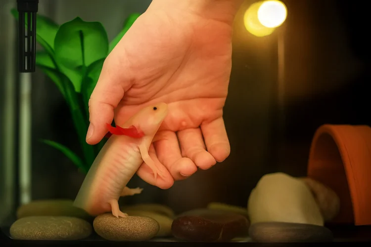Axolotl care and handling in home aquarium