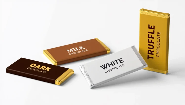 Different types of chocolate bars and cocoa beans