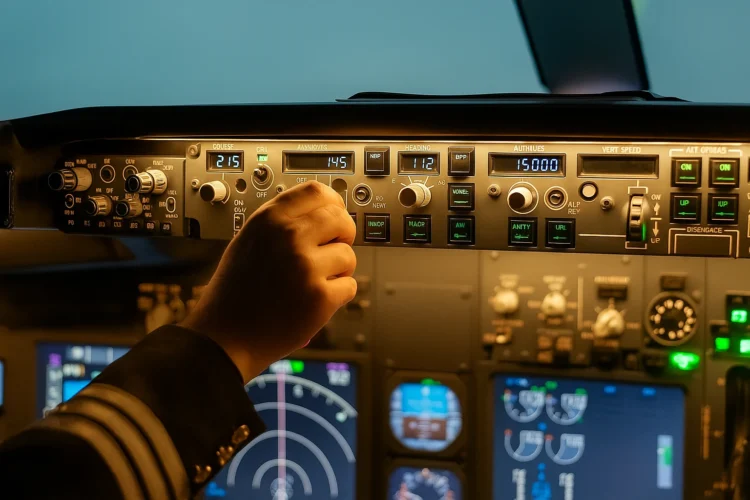 Aircraft cockpit instrument panel with navigation equipment and controls