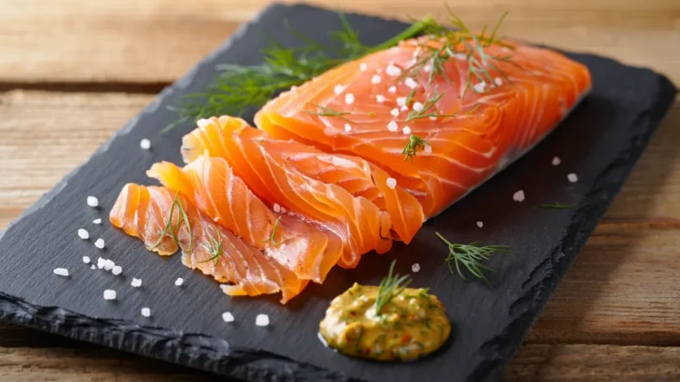 Norwegian gravlax salmon cured with salt sugar and dill