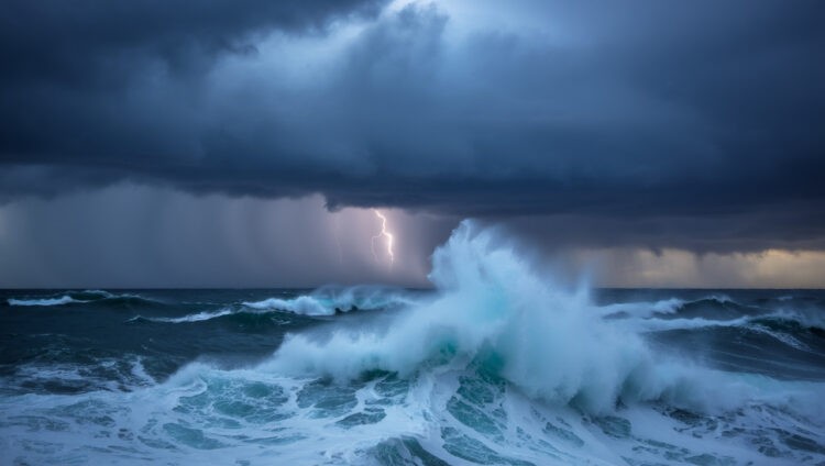 Powerful storm in the Atlantic Ocean with massive waves and dark clouds