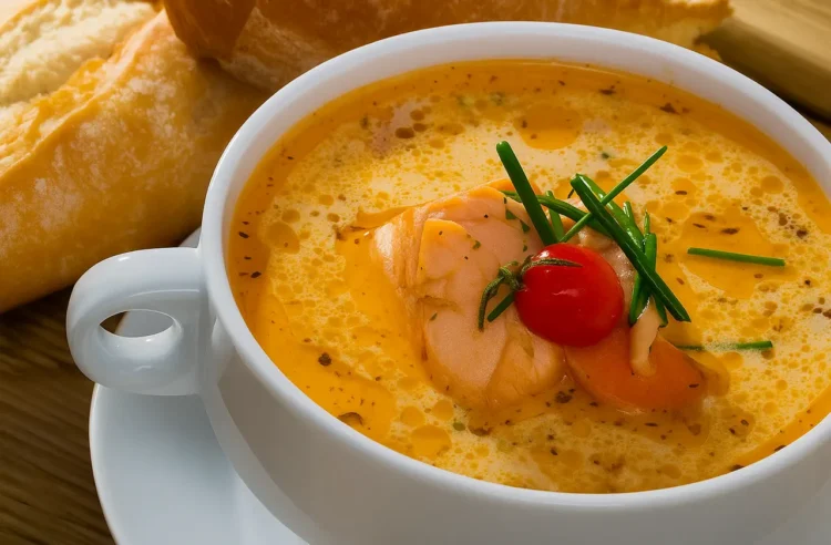 Traditional Norwegian fish soup with fresh seafood