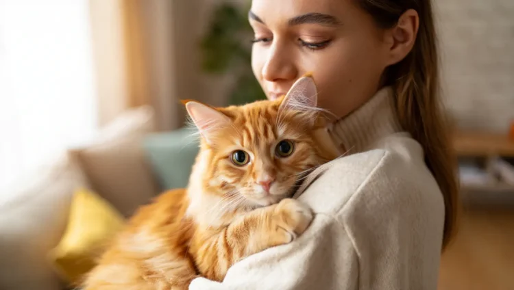 Cat in human arms - potential allergy to human dander