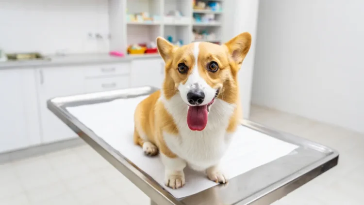 Corgi dog at veterinarian clinic for allergy treatment