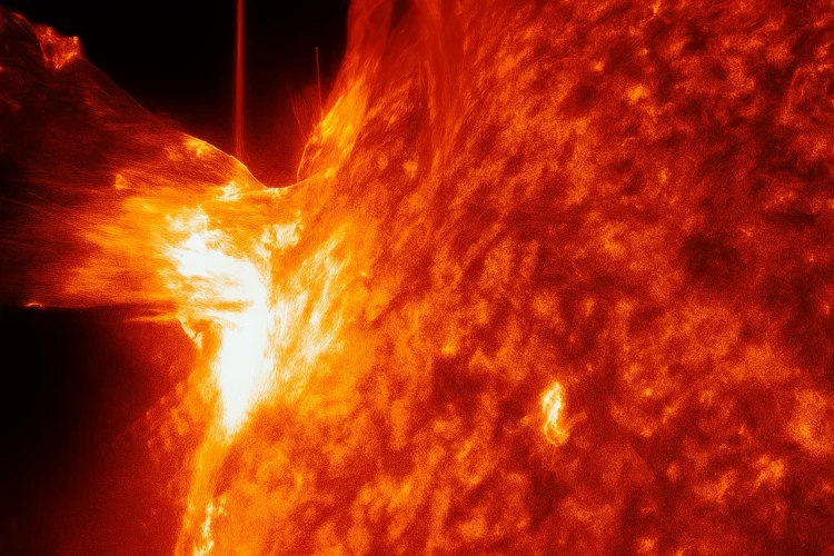 Major solar flare eruption on the Sun with Earth for scale
