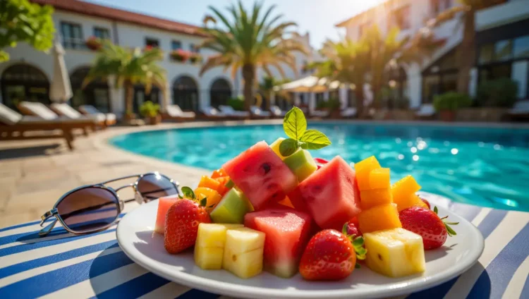 Fresh fruit plate poolside at Turkish all-inclusive resort hotel