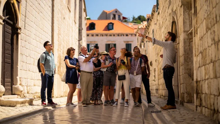 Group of travelers on a guided tour in Dubrovnik, Croatia enjoying sightseeing