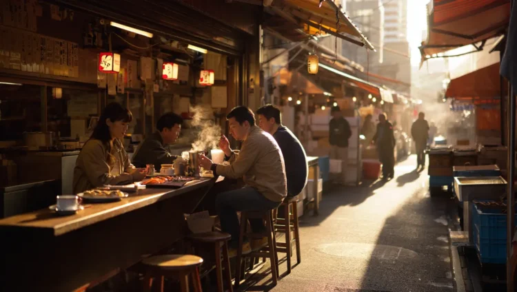 Tsukiji Fish Market cafe interior with fresh seafood and traditional Japanese dining
