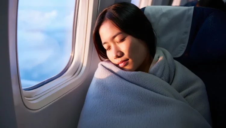 Woman covering herself with blanket on airplane for comfort
