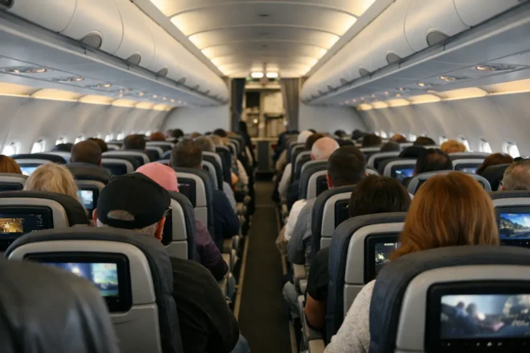 Aircraft cabin interior with passengers seated during a flight
