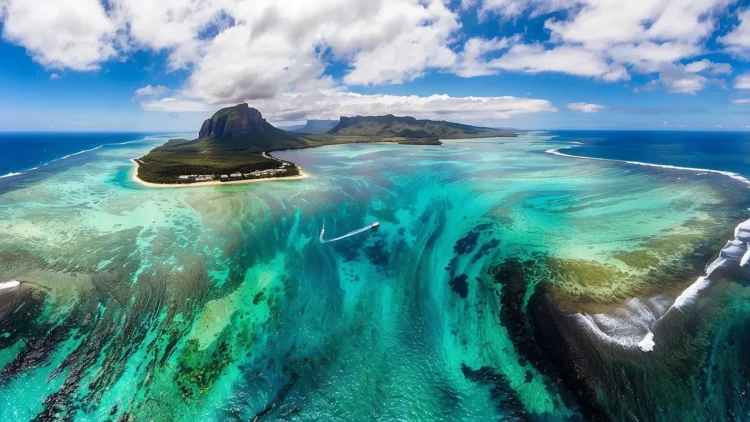 Underwater waterfall illusion Mauritius island aerial view