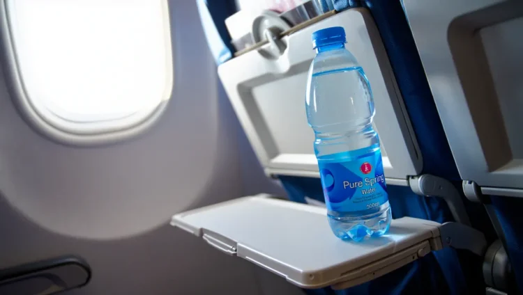 Plastic water bottle on airplane seat tray table for hydration during flight