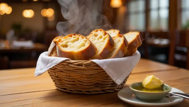 Person tearing a piece of bread in a restaurant instead of biting it