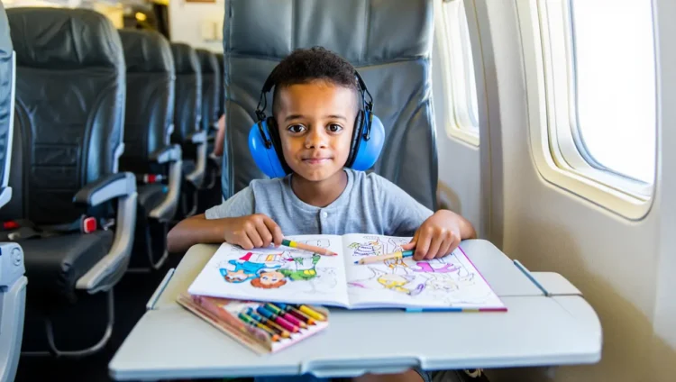 Child drawing on an airplane