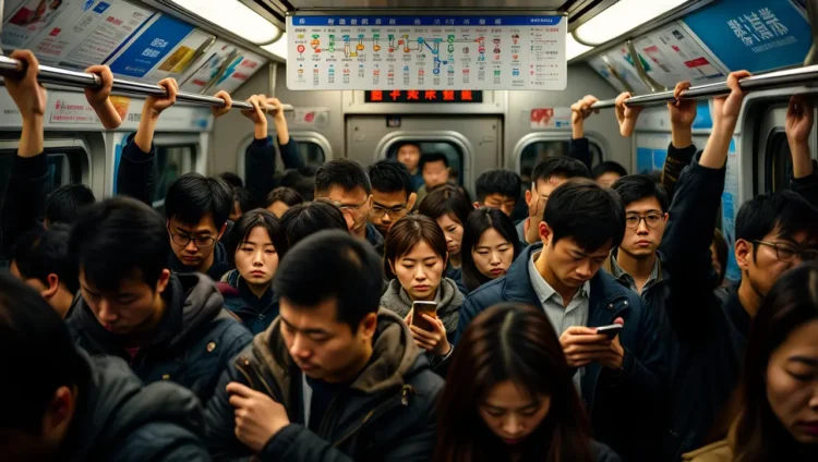 Crowded rush hour in the Chinese metro with passengers struggling for space