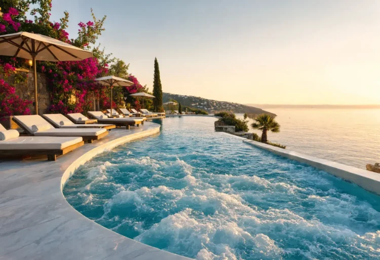 Vacationer suffering from stomach pain near a hotel swimming pool at a sunny resort